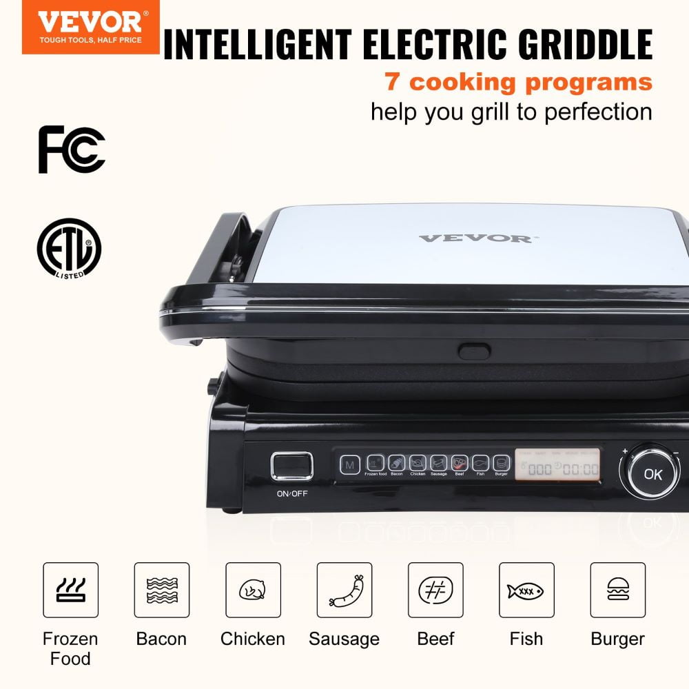 VEVOR 7 IN 1 Commercial Electric Griddle, 14.4' 1800W Indoor Countertop Grill, Stainless Steel Restaurant Teppanyaki Grill with Non Stick Iron Cooking Plate, 0-446¨H Adjustable Temp Control 110V